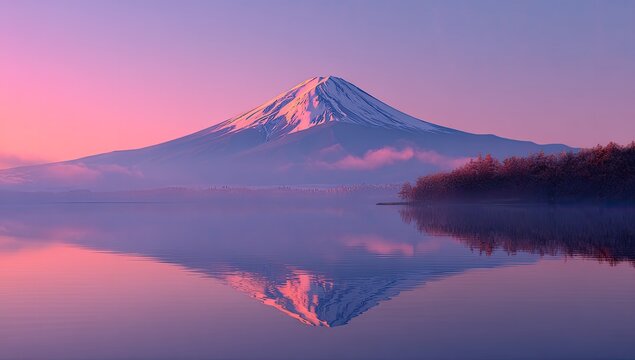 Majestic snow-capped peak reflects in tranquil water under a vibrant sunrise/sunset sky - Powered by Adobe