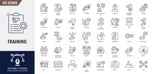 Training icon set. Team building, workshop, coaching, teamwork, meeting, managing, coaching, motivation and more. Editable stroke. Vector illustration