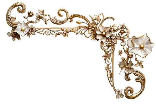 Marco decorativo ornamental de flores blancas y doradas en 3D con volutas