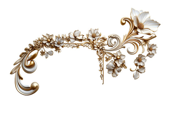 Marco decorativo ornamental de flores blancas y doradas en 3D con volutas barrocas, elemento de dise&ntilde;o de lujo aislado