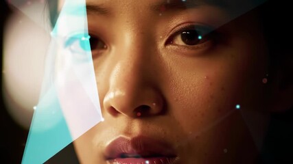Woman's face undergoing digital biometric scanning with geometric overlay - Powered by Adobe