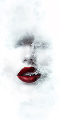 Retrato conceptual de una mujer con labios rojos vibrantes emergiendo de una nube de humo blanco, estilo art&iacute;stico minimalista sobre fondo blanco aislado.