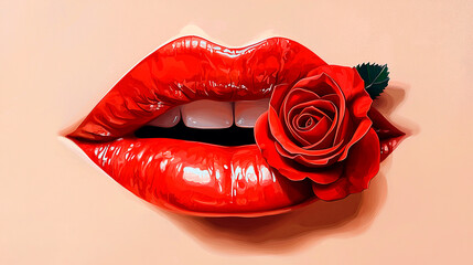 Primer plano de labios rojos brillantes sosteniendo una rosa roja, concepto de romance, pasi&oacute;n y San Valent&iacute;n sobre fondo neutro.