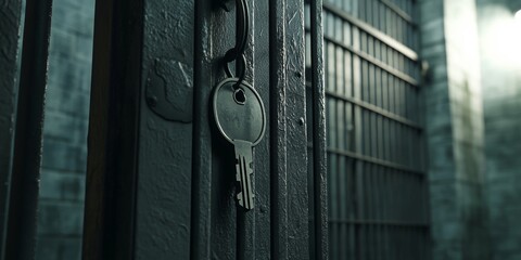 A single skeleton key is attached to a dark iron gate with bars, locked securely in place. The setting gives an impression of abandonment or mystery.