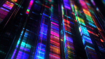 Abstract composition of colorful, vertical rectangles resembling a futuristic, illuminated cityscape