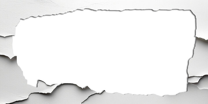 Papel blanco rasgado con un gran agujero central de bordes irregulares, mockup de papel roto con espacio para texto o imagen sobre fondo blanco.