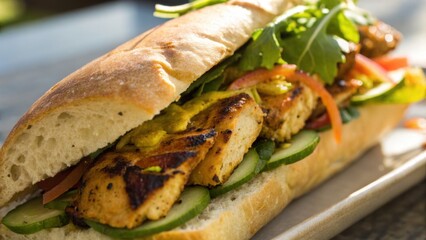 Indian fusion food sandwich with grilled chicken cucumber tomato and fresh greens in baguette bread for delicious meal