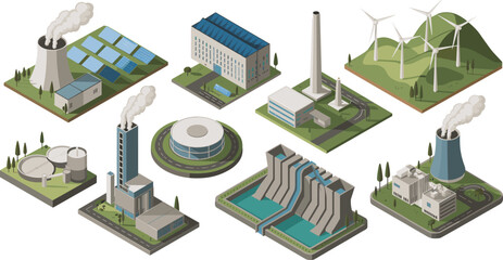 Isometric energy production illustration set featuring renewable and industrial power plants, solar wind hydro nuclear facilities, sustainable electricity infrastructure concept
