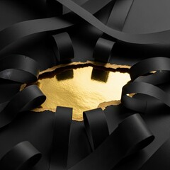 Dramatic presentation of gold revealed beneath torn black paper strips