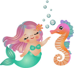 Cartoon Mermaid and Seahorse Watercolor Illustration