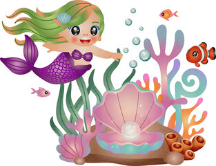 Cute Mermaid with Sea Life Watercolor Illustration