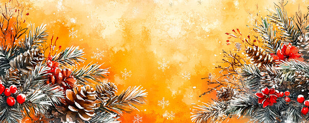 Paisaje navide&ntilde;o art&iacute;stico con &aacute;rbol de navidad en acuarela y nieve sobre fondo dorado