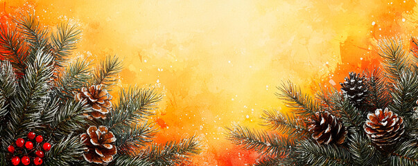 Paisaje navide&ntilde;o art&iacute;stico con &aacute;rbol de navidad en acuarela y nieve sobre fondo dorado c&aacute;lido 