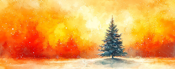 Paisaje navide&ntilde;o art&iacute;stico con &aacute;rbol de navidad en acuarela y nieve sobre fondo dorado c&aacute;lido con espacio para texto.