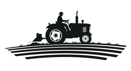 A striking black and white illustration depicts a farmer driving a tractor across farmland silhouette © RMvectors02