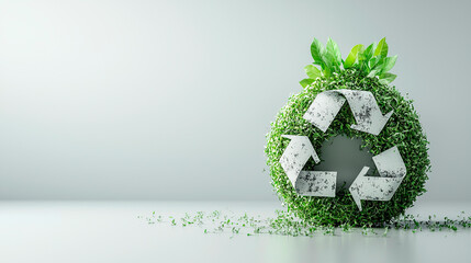S&iacute;mbolo de reciclaje hecho de hojas verdes desintegr&aacute;ndose sobre un fondo gris claro, concepto de ecolog&iacute;a, sostenibilidad y cuidado