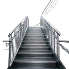 Gray metal stairs with handrails against a black backdrop