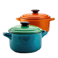 Colorful enamel pots with lids, on a black backdrop