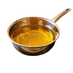 Shiny stainless steel pan filled with golden oil