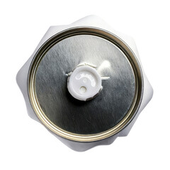 Overhead shot of a metal lid with a white plastic spout