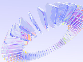 3d glass circle array of crystal light holographic transparent square plate shape row render. Abstract rainbow gradient ring, circular motion effect on pastel purple tech background. 3D illustration