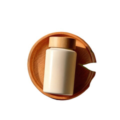 A white jar with wooden lid on a wooden dish