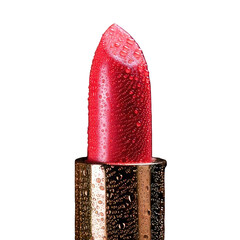 Close-up of a red lipstick with water droplets