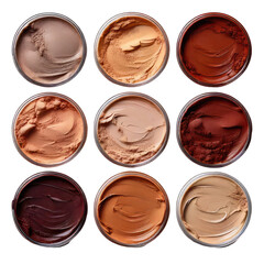 Overhead view of nine makeup shades in round containers
