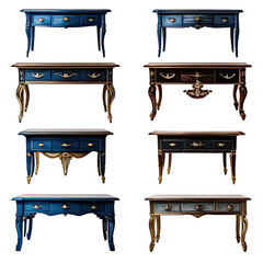 Array of ornate antique desks in blue, gold, and dark wood