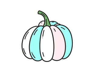 A cute cartoon pumpkin featuring pastel teal, pink, and white segments with a green stem, set against a plain white background