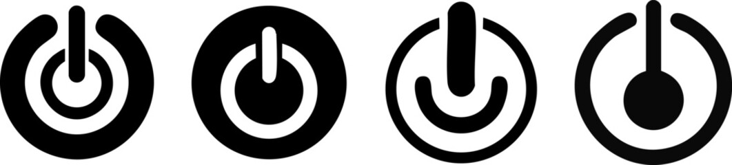Toggle, Switch & Options. Four variations of power symbols, commonly used to represent the on/off function in electronic devices, depicted in a minimalist black design.