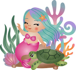 Watercolor Illustration of a Mermaid with Turtle and Coral