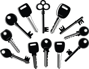 Collection of various keys arranged in a circular pattern black and white