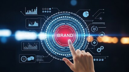 Hand interacting with brand interface with graphs and charts finger