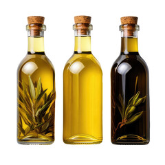 Three glass bottles of infused olive oils, corked