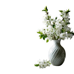 White blossoms in a textured vase against a dark backdrop
