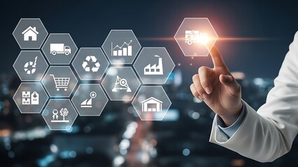 Hand interacting with business on hexagonal interface business hexagonal interface finger touchscreen