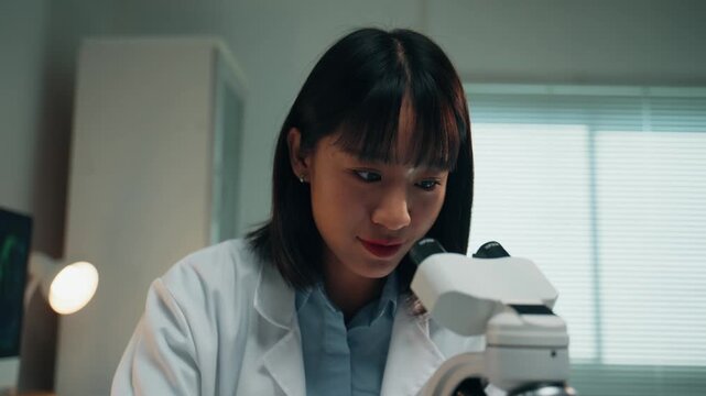 Dedicated female medical scientist working with a microscope. Young microbiologist in a white lab coat conducting an experiment in the lab
