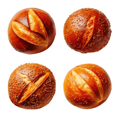 Four round baked rolls, varying shades and textures