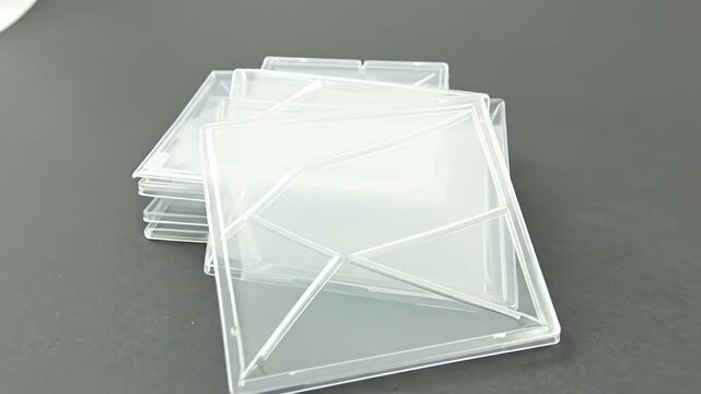 Stack of clear plastic containers with divided compartments, positioned on a dark gray surface