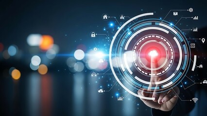 Hand interacting with futuristic interface with security hand finger touchscreen virtual