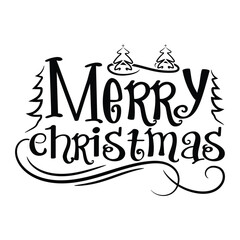 Merry Christmas Hand Lettering with Decorative Swirls and Trees