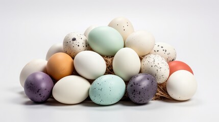 Colorful eggs in a nest on white background