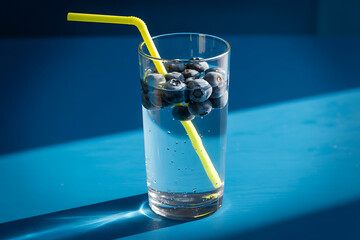 Minimalist Blueberry Water with Yellow Straw Against Blue Backdrop