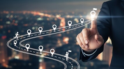 Hand interacting with navigation route on city map interface finger touchscreen