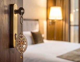 A key with a glamorous keychain in the open door of the hotel room.