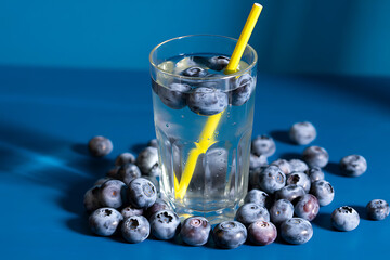 Refreshing Glass of Water with Blueberries and Yellow Straw on Blue Background