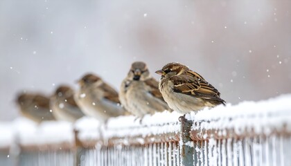 Five small birds perched on a snowy railing, flakes falling, blurred background