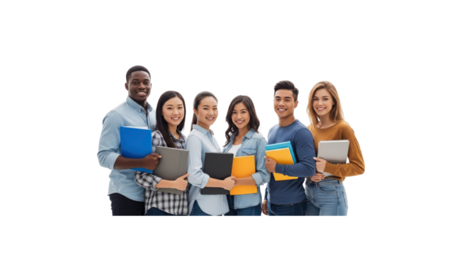 Diverse students holding books and smiling - Powered by Adobe