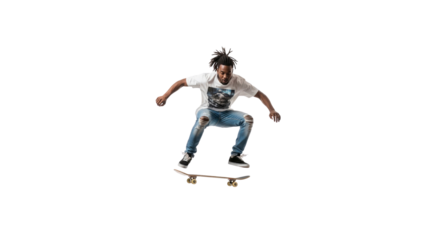 Skateboarder performing Ollie trick mid-air